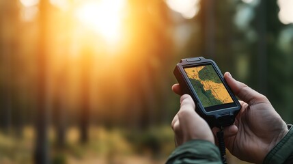 Person using handheld GPS device in forest during sunset, showcasing outdoor adventure and navigation.