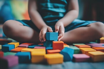 Obraz premium Child playing with colorful wooden blocks, building a tower while sitting on the floor