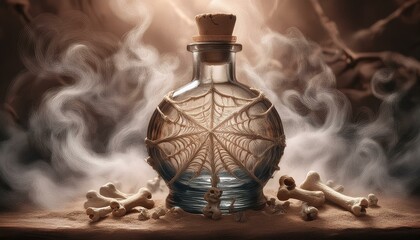 A glowing green potion bottle with a cork, swirling mist rising from the neck, surrounded by