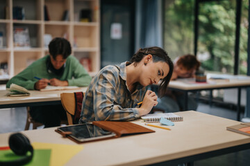 Focused students taking notes and studying in a modern classroom. Engaged learning environment with natural light and educational materials.
