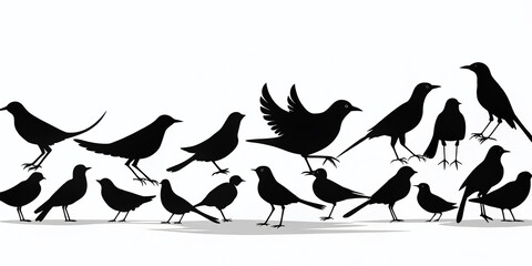 Black Bird Silhouettes on White Background - Panoramic Vector Illustration for Nature and Wildlife Enthusiasts
