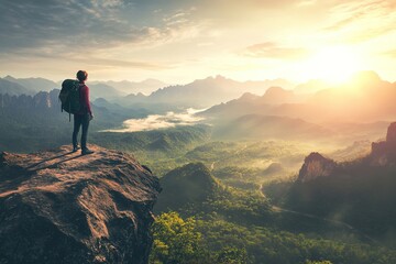 Hiker standing on a cliff edge, admiring a misty mountain landscape at sunrise