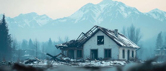 Fototapeta premium Abandoned house amidst mountains, showcasing desolation and nature's reclaiming of human structures.