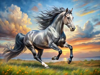 Obraz premium Majestic Silver Black Horse Galloping in a Serene Landscape Captivating Beauty of Nature and Equine Graceful Movement