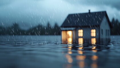 Fototapeta premium A small house partially submerged in floodwater under a dramatic rainy sky.