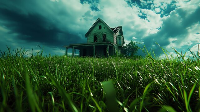 An old, decrepit house stands tall amidst overgrown grass under a moody sky, evoking feelings of nostalgia and mystery.