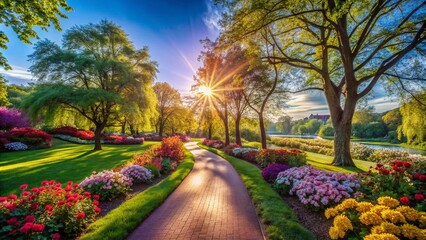 Obraz premium Blooming Flowers Along a Serene Park Walkway – Nature's Pathway for Joggers and Strollers