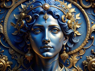 Blue Face Statue with Gold Accents - Artistic Sculpture for Modern Decor