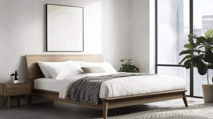 Modern bedroom with large windows, wooden bed frame, white bedding, and a large plant in a pot.