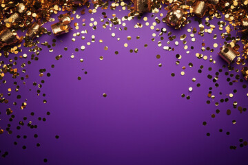 Photo of a gold confetti border on a purple background, representing the New Year's celebration. Web banner with copy space on the right.