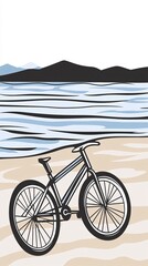 Fototapeta premium A bicycle on the beach with mountains in the background.