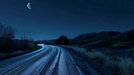 Naklejka premium A winding road under a starry night sky with a bright moon illuminating the landscape.