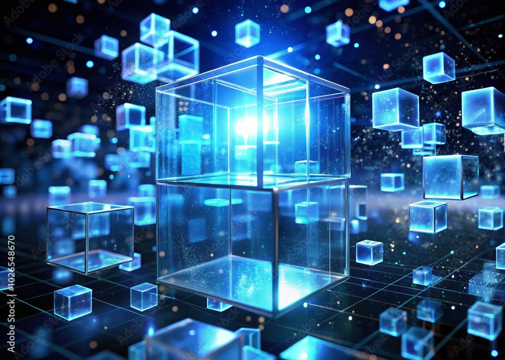 Poster blue transparent cube particles loop animation technology background for digital innovation