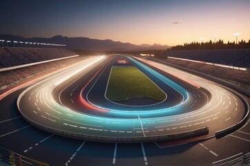 Deserted racetrack at sunset with illuminated curves