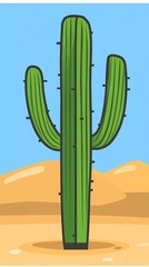 A cartoon cactus with two arms growing in a desert landscape.