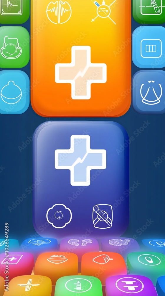 Poster a close-up view of a smartphone app interface with colorful icons.