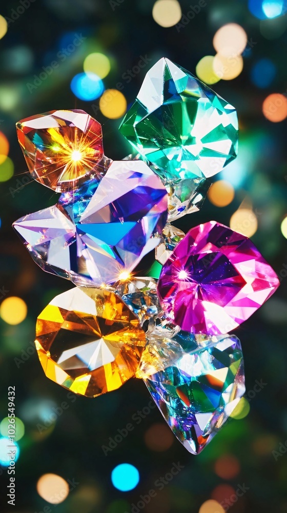 Poster a cluster of colorful crystal prisms with a bokeh background.