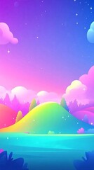 A colorful landscape with hills, clouds, and a lake under a starry sky.