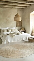 A cozy bedroom with a white bed, beige rug, and a wicker lampshade.