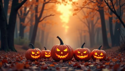 Pumpkin glows in Halloween card, bat flies in creepy night sky. Autumn greeting for holiday event, mystery lantern on house wall.