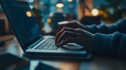 Closeup of hands typing on a laptop computer in a home office at night.