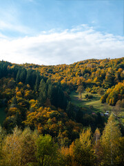Village Transcarpathia region scenic Sunny Carpathian mountains view Ukraine, Europe. Autumn countryside rural landscape. Fall spruce pine trees lush foliage Eco Local tourism hiking Recreational area