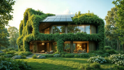 A modern, eco-friendly building integrated into nature, covered with green plants, with solar panels on the roof, surrounded by trees and natural light.