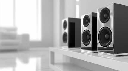 Three sleek black and silver stereo speakers sit on a white table in a modern home.