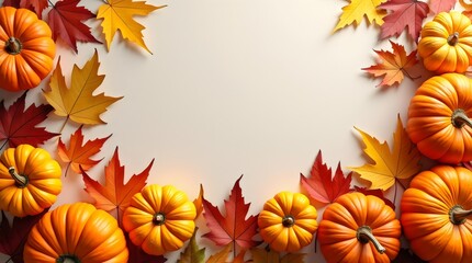 Autumn holiday background featuring pumpkins, colorful dried leaves, and fall decorations arranged at the bottom, leaving the top part empty. Flat lay, top view with copy space. Happy Thanksgiving, ha