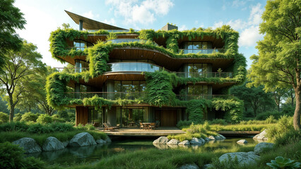 Fototapeta premium A modern, eco-friendly building integrated into nature, covered with green plants, with solar panels on the roof, surrounded by trees and natural light.