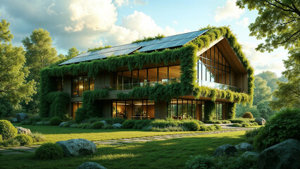 A modern, eco-friendly building integrated into nature, covered with green plants, with solar panels on the roof, surrounded by trees and natural light.