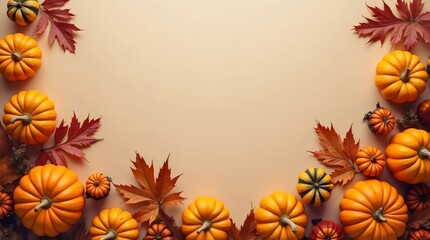 Fototapeta premium Autumn holiday background featuring pumpkins, colorful dried leaves, and fall decorations arranged at the bottom, leaving the top part empty. Flat lay, top view with copy space. Happy Thanksgiving, ha