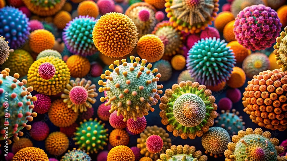 Poster pollen under microscope: close-up view of intricate structures and textures in nature's tiny particl