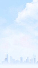 Fototapeta premium A hazy skyline of a city with tall buildings and a blue sky with clouds above.