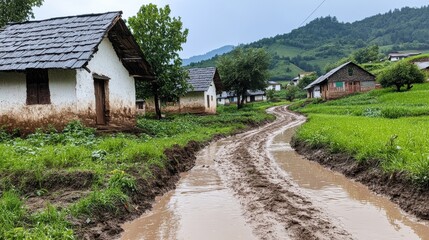 Fototapeta premium Heavy Rain in a Small Village Scene