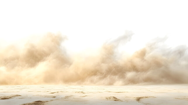 A cloud of sand and dust particles blowing across an empty white background in a windy sandstorm