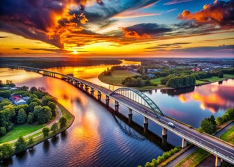 Fototapeta premium Breathtaking aerial shots capture a majestic bridge illuminated by a vibrant sunset, showcasing stunning colors and intricate details perfect for