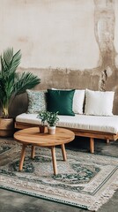 A living room with a couch, a coffee table, a rug, and a plant in a pot.
