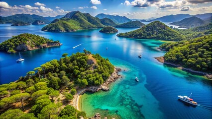 Breathtaking aerial view of Yassica Islands in Gocek, Turkey—a hidden paradise often referred to as the Turkish Maldives, showcasing stunning