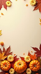 Autumn holiday background featuring pumpkins, colorful dried leaves, and fall decorations arranged at the bottom, leaving the top part empty. Flat lay, top view with copy space. Happy Thanksgiving, ha