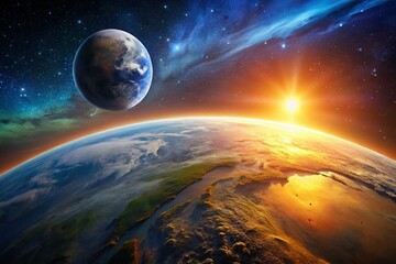 Fototapeta premium Breathtaking Earth sunrise captured in space, featuring a luminous moon. High depth of field showcases vibrant colors and stunning details of our