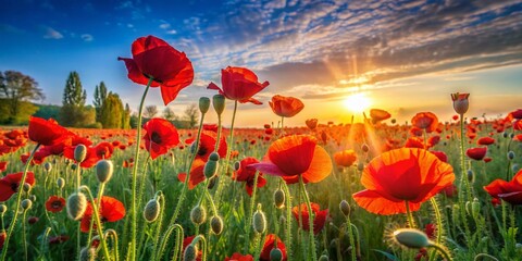 Obraz premium Breathtaking early morning poppy field, awash in vibrant red hues, perfect for capturing stunning product photography that highlights beauty and