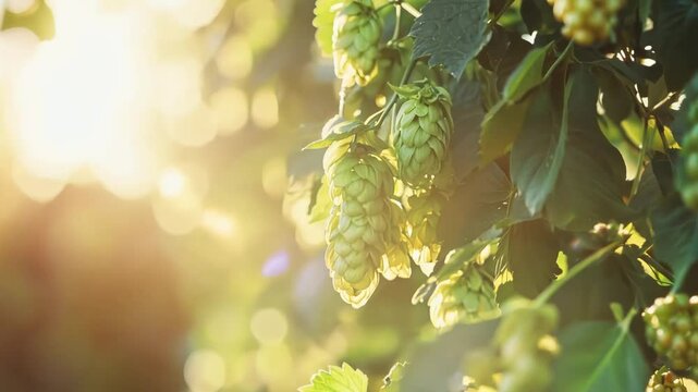 Close-up of hop cones in sunlight 