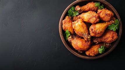 Fototapeta premium Crispy Fried Chicken Wings with Parsley in Wooden Bowl