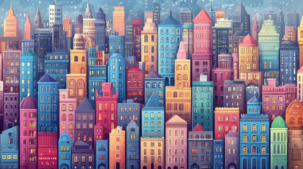 Obraz premium Vibrant cityscape illustration featuring colorful buildings and unique architectural designs under a serene sky.