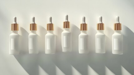 Minimalist Beauty: A row of sleek, white dropper bottles with gold accents, arranged in a minimalist composition, evoke a sense of luxury and sophistication.  