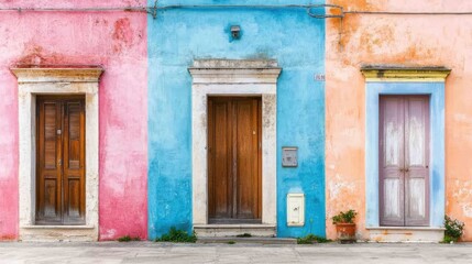 Three colorful doors on a street with pink, blue, and orange walls.