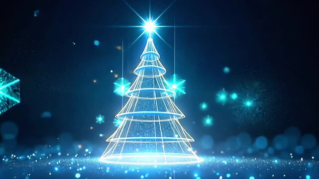 Futuristic Digital Christmas Tree with Glowing Lights and Abstract Background. Winter, Christmas and New Year scene with copy space, banner