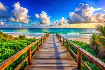 Fototapeta premium Scenic Beach Boardwalk Background with Vibrant Ocean Views and Serene Atmosphere for Relaxation and Inspiration