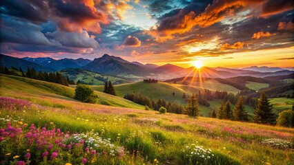 Breathtaking sunset paints the sky above a vibrant green meadow, with majestic mountains standing tall in the background, creating a serene and